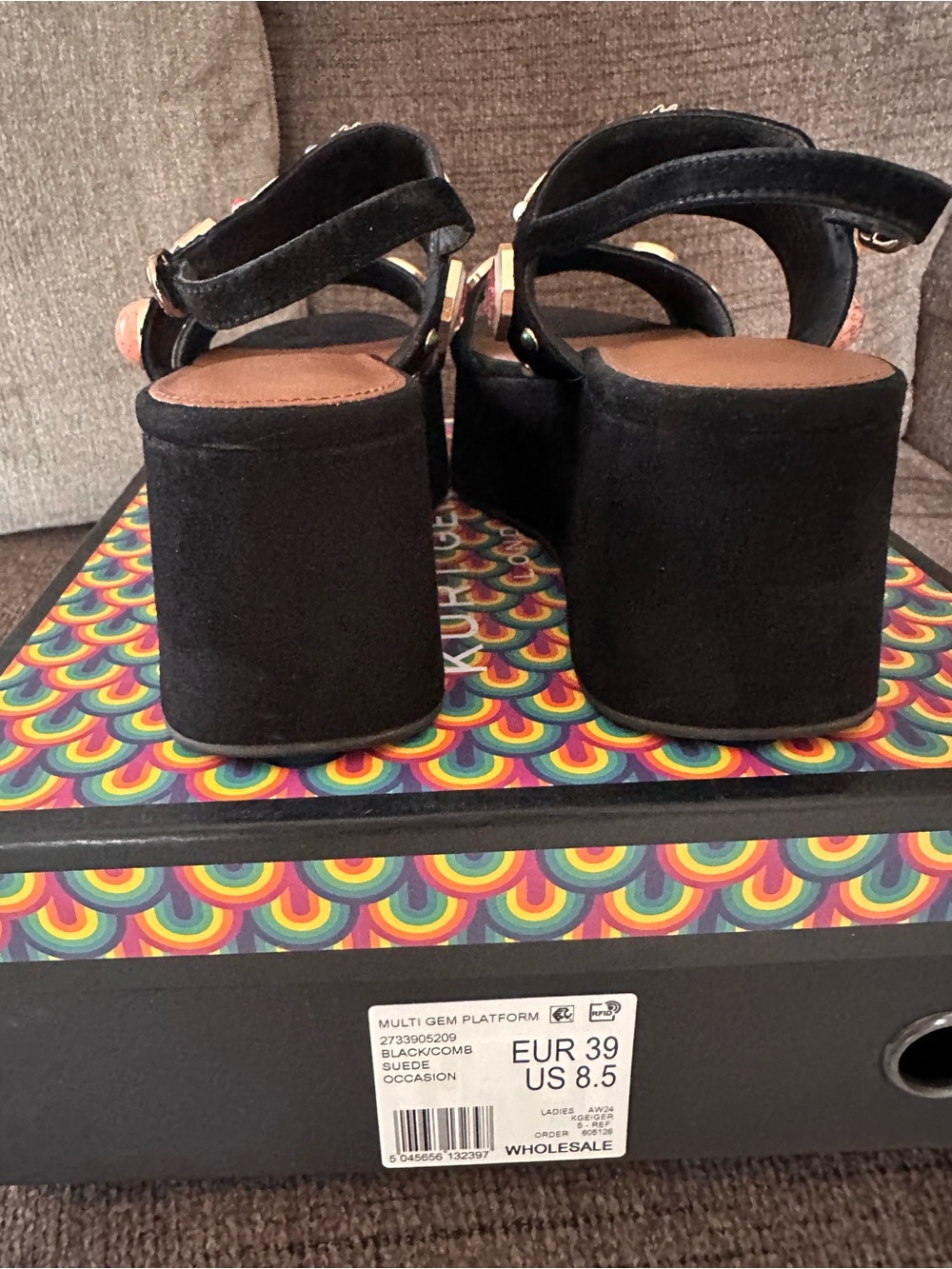 Kurt Geiger Black Velvet Jeweled Platform Sandals - Picture 6 of 8